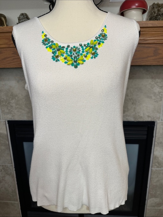 Ruby Rd. Tops - Ruby Rd Women XL Embellished White Sleeveless Knit Top Teal & Yellow Beading